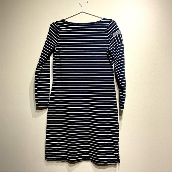 Classic Ralph Lauren Navy/White Blue Stripped Dress Size S. MIDI Length Coastal - Picture 2 of 6